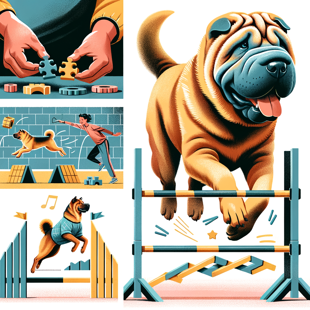 Shar Pei dog enjoying various boredom prevention activities including puzzle toys and agility course, demonstrating effective Shar Pei entertainment and stimulation strategies.