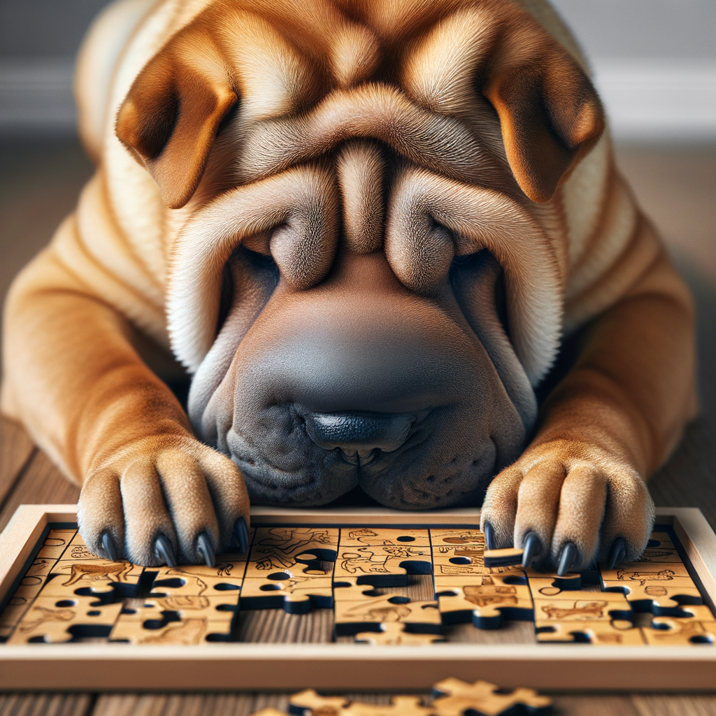 Shar Pei dog actively engaging in a brain-stimulating puzzle game, showcasing the importance of mental exercises for Shar Peis in enhancing mental health, brain development, and intelligence.