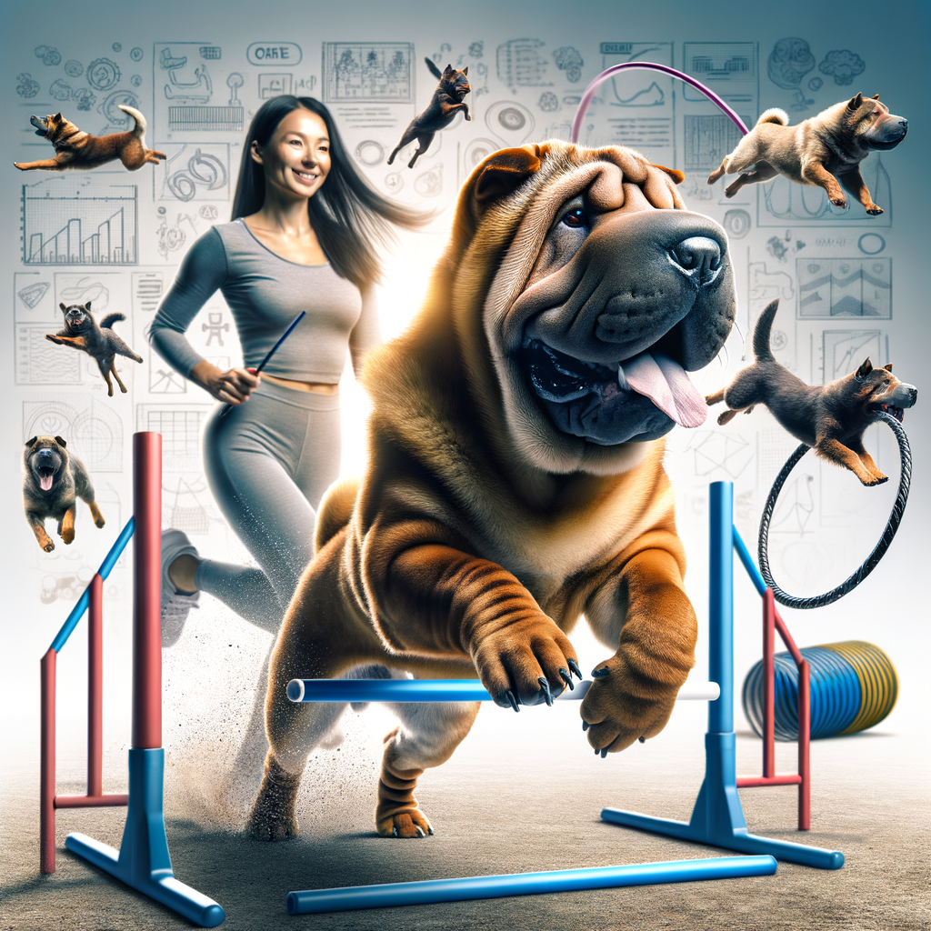 Shar Pei dog demonstrating agility exercises in training course, highlighting the physical and health benefits of agility training for dogs, with a trainer providing Shar Pei training tips in the background.
