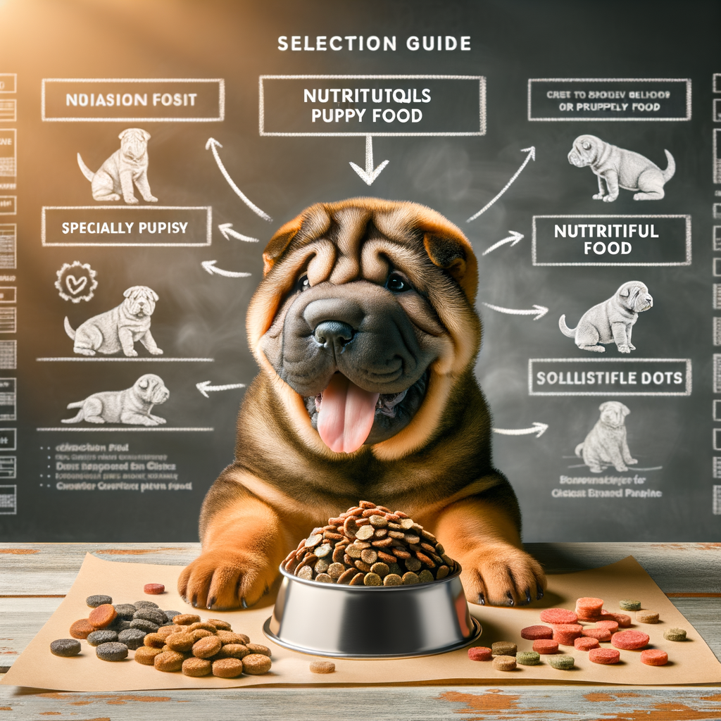 Shar Pei puppy enjoying high-quality food, with a puppy food selection guide and healthy options for Shar Pei diet on table, and chalkboard tips on Shar Pei puppy nutrition in the background.