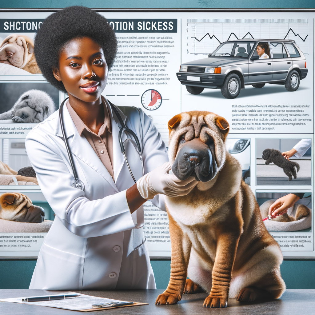 Veterinarian demonstrating natural remedies for Shar Pei motion sickness, with a guide on preventing and managing travel sickness in dogs, highlighting Shar Pei health issues including car and puppy motion sickness.