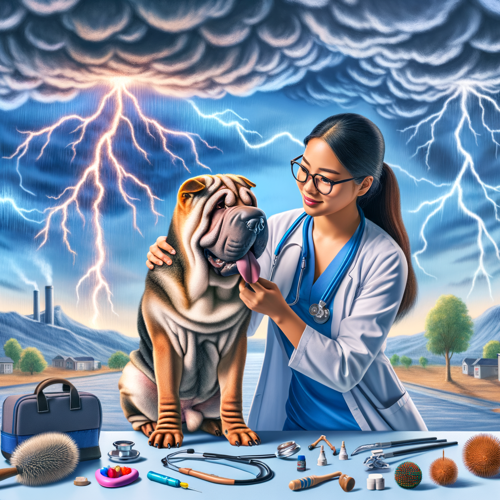 Veterinarian comforting anxious Shar Pei during simulated thunderstorm, demonstrating dog anxiety treatment and methods for managing fear in dogs, specifically addressing Shar Pei fear of thunder and behavior problems.
