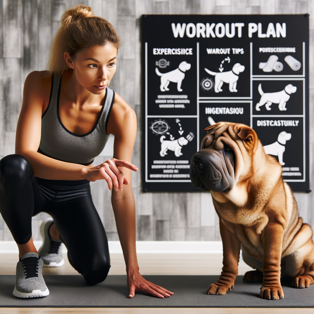 Professional dog trainer demonstrating a consistent Shar Pei exercise routine with a Shar Pei workout plan chart in the background, providing tips for establishing dog exercise routine and maintaining Shar Pei fitness.