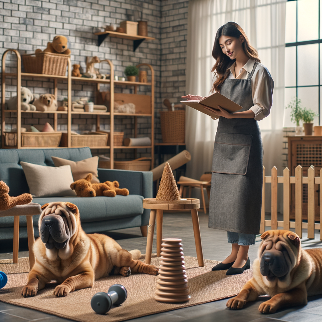 Professional Shar Pei trainer demonstrating safe and enriching indoor activities for Shar Pei care, highlighting dog safety at home and Shar Pei behavior during training in a pet-friendly environment.