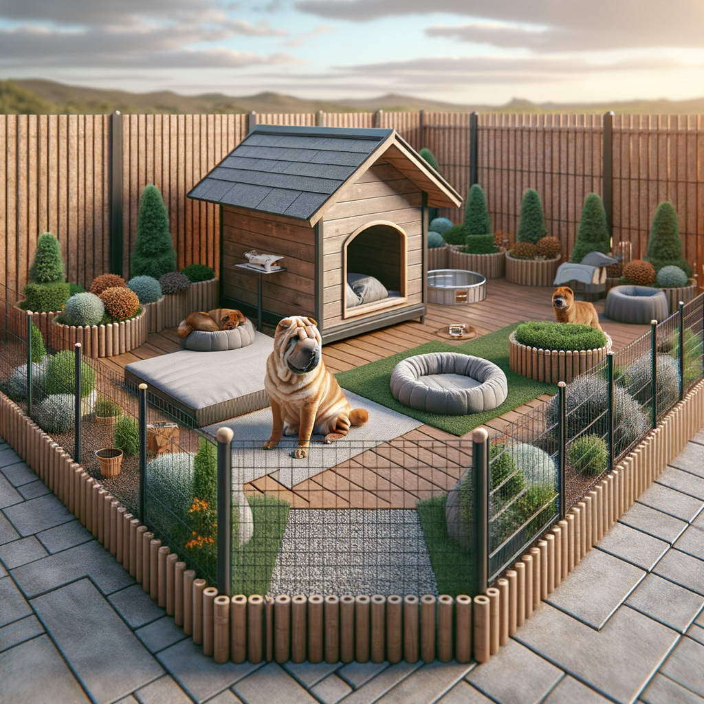 Secure and comfortable Shar Pei outdoor space featuring a dog-friendly design with a sturdy fence, dog house, and plants for safe outdoor living.