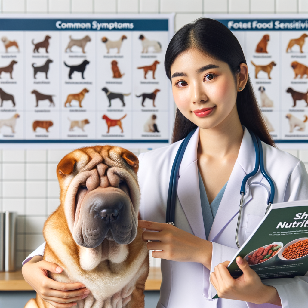 Veterinarian examining Shar Pei dog for food sensitivities, pointing at Shar Pei Nutrition Guide, with a chart of symptoms in the background, emphasizing the importance of diet in treating food allergies in Shar Peis.
