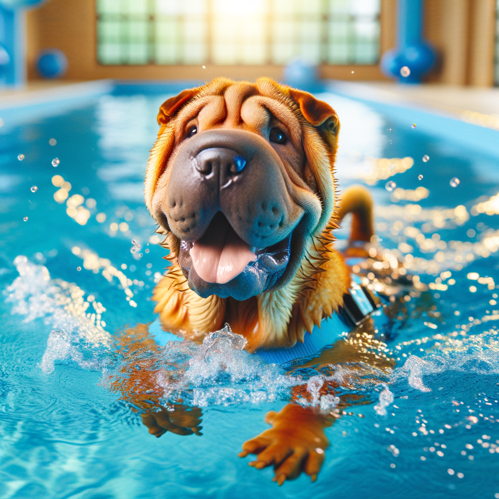 Shar Pei dog enjoying a swimming exercise in a dog-friendly pool, demonstrating the health benefits and effective canine exercise methods such as swimming for Shar Peis.
