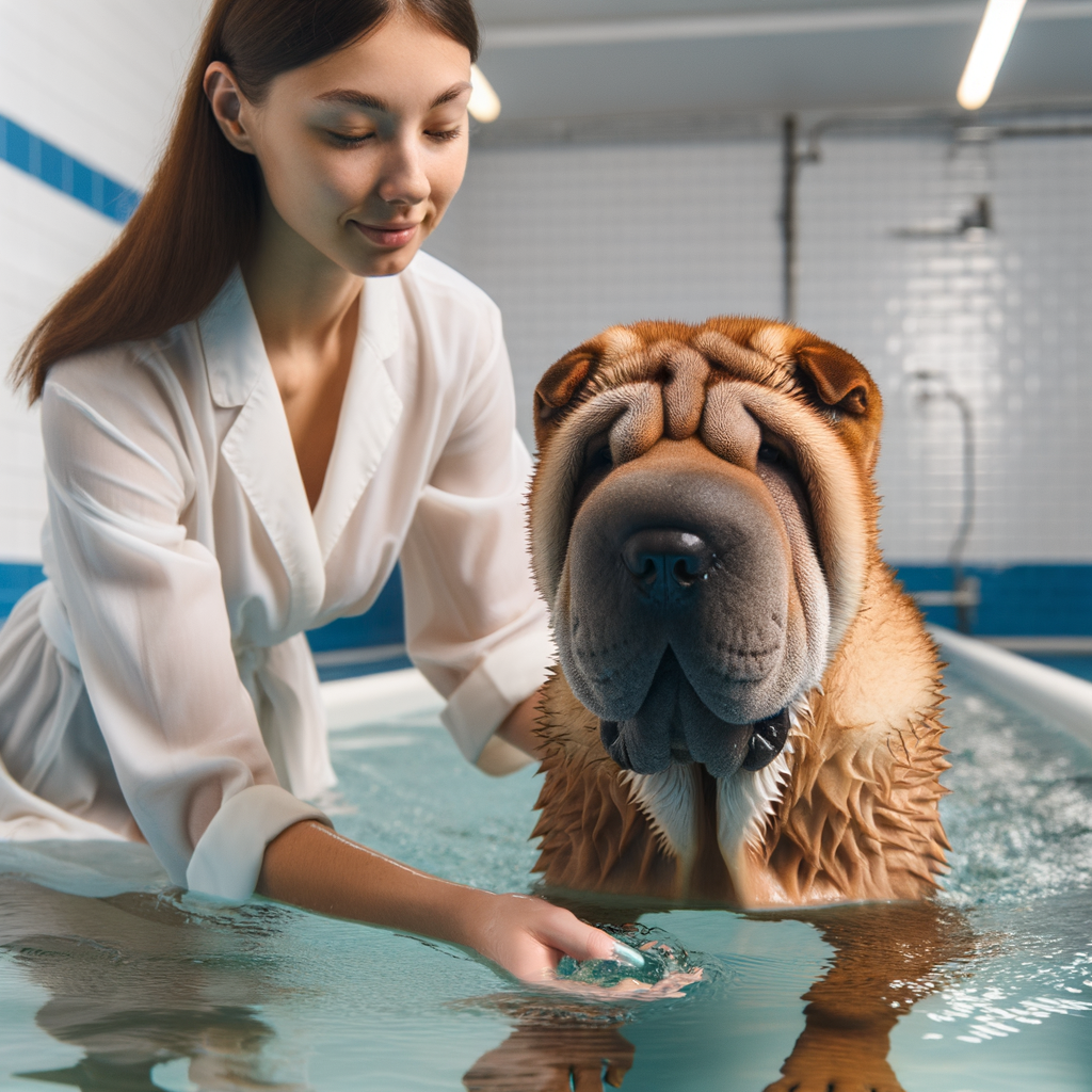 Shar Pei therapist conducting Canine Hydrotherapy session for improving Shar Pei joint health and demonstrating the benefits of hydrotherapy for dogs' joint health.