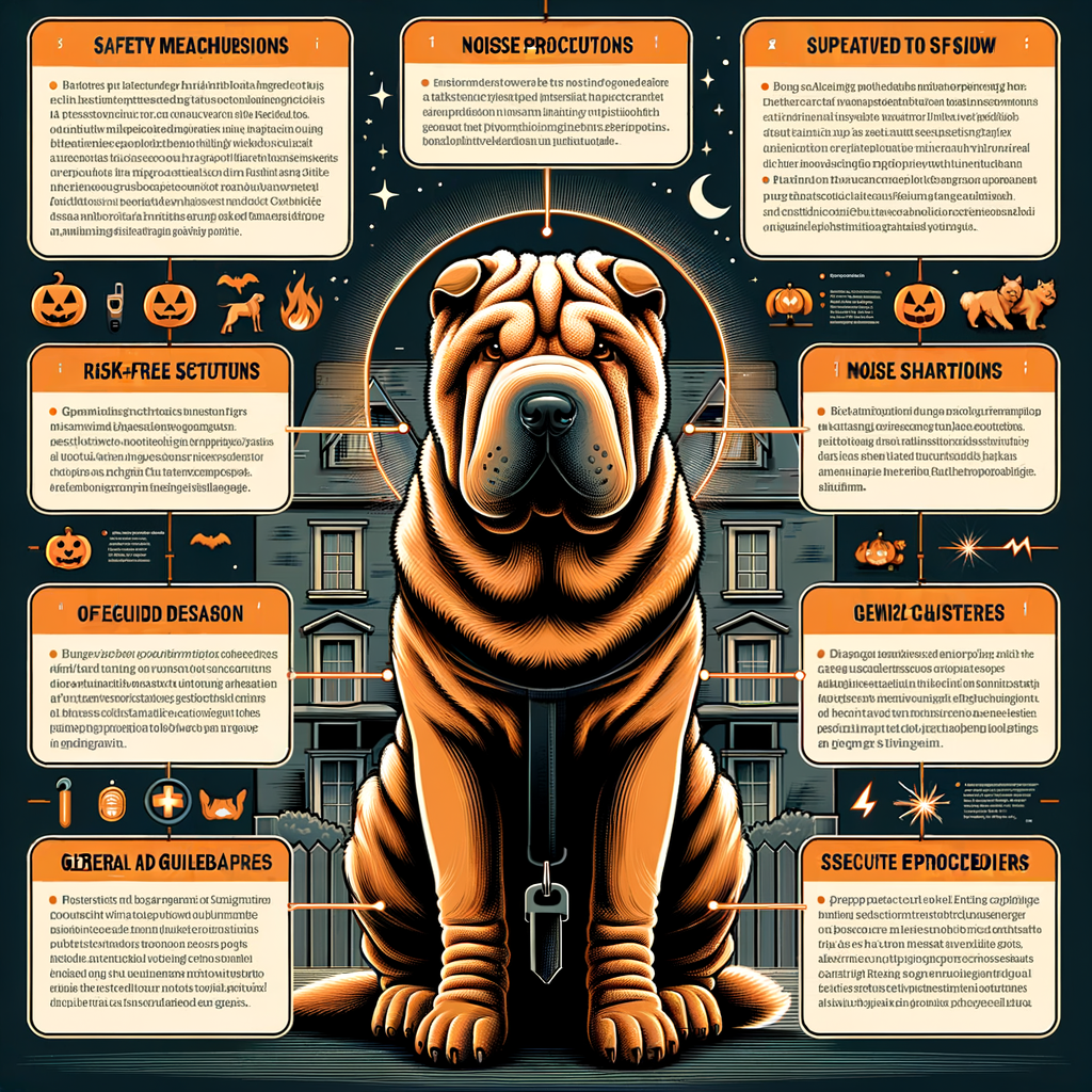 Infographic illustrating Shar Pei safety tips and Halloween pet care precautions, showcasing how to create a safe environment for Shar Pei dogs during Halloween.