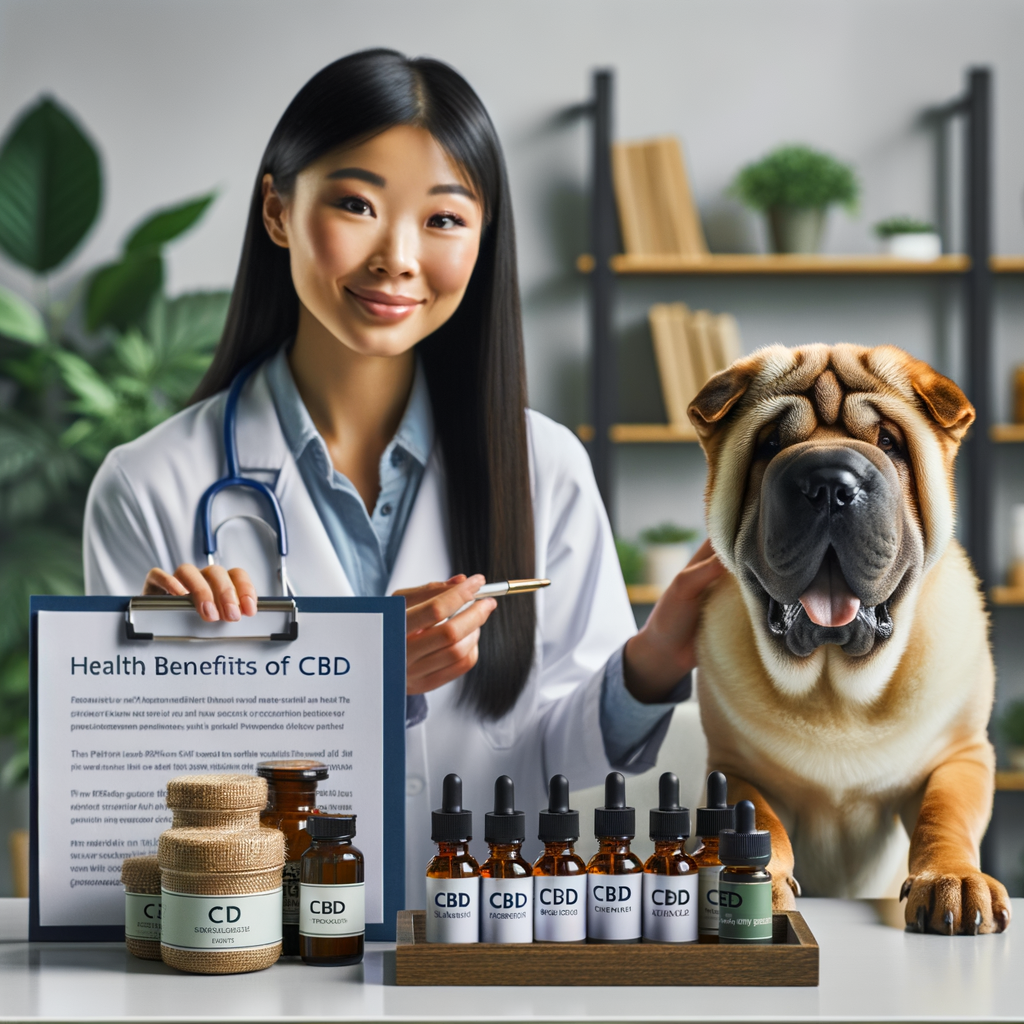 Veterinarian discussing Shar Pei CBD benefits, showcasing CBD products for Shar Peis, emphasizing CBD for dog anxiety and pain relief, with a healthy Shar Pei symbolizing effective anxiety treatment and pain relief.