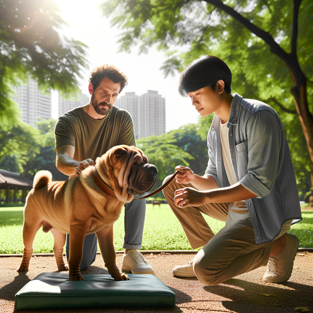 Professional dog trainer demonstrating Shar Pei training and socialization, dog safety tips, and dog environment adaptation for safe pet introduction in new environments, highlighting Shar Pei care and behavior management to ease Shar Pei anxiety.