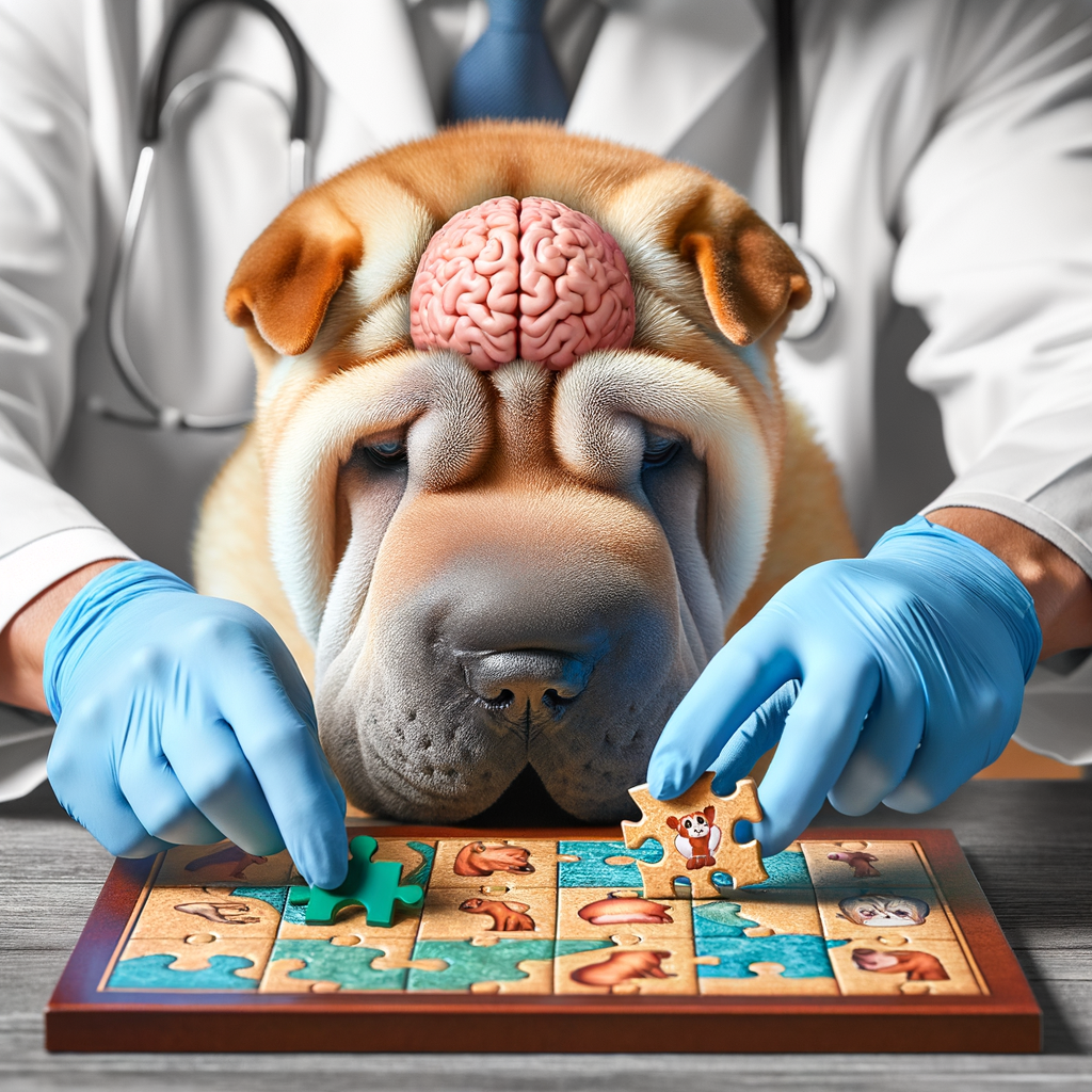 Senior Shar Pei dog engaging in a brain-stimulating puzzle game, highlighting the importance of mental exercises for Shar Pei cognitive function and aging care.