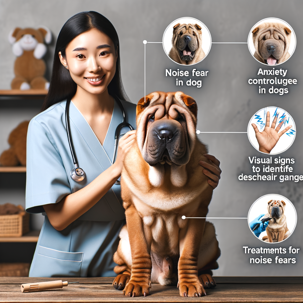 Dog therapist managing noise phobias in a concerned Shar Pei, providing treatment and demonstrating recognition of noise phobia symptoms for effective anxiety management and coping with Shar Pei behavior issues.