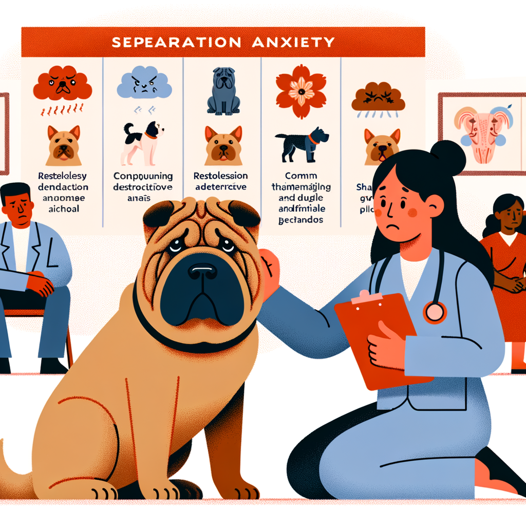 Dog trainer providing solutions for managing separation anxiety in Shar Peis, showcasing common anxiety symptoms, behavior problems, and treatment options for mental health issues in Shar Peis.