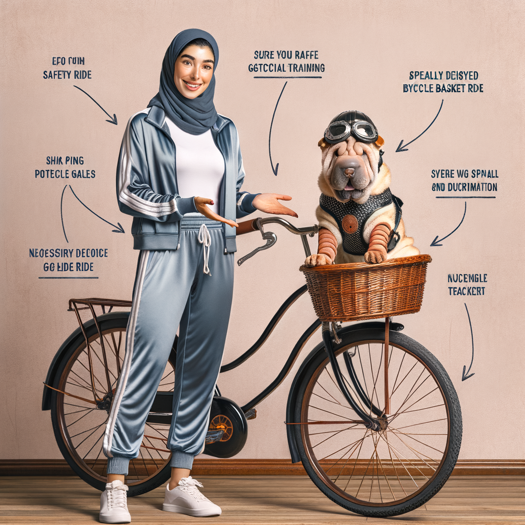 Professional dog trainer demonstrating Shar Pei training for safe bike rides, with a Shar Pei comfortably sitting in a bicycle basket equipped with safety gear, highlighting bicycle basket training for dogs and safety tips for dogs in bicycle baskets.