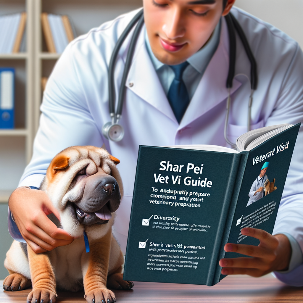 Veterinarian performing a health check on a calm Shar Pei during a vet visit, showcasing Shar Pei vet preparation, training, and calming techniques from a 'Shar Pei Vet Visit Guide' for successful Shar Pei veterinarian visits.