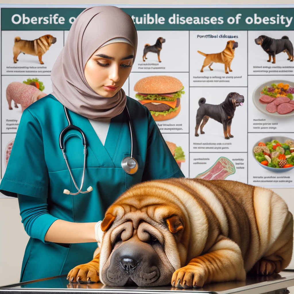 Veterinarian addressing Shar Pei obesity dangers and health issues, demonstrating obesity prevention in Shar Peis with a balanced diet and exercise plan, highlighting the risks of obesity and obesity-related diseases in overweight Shar Peis.