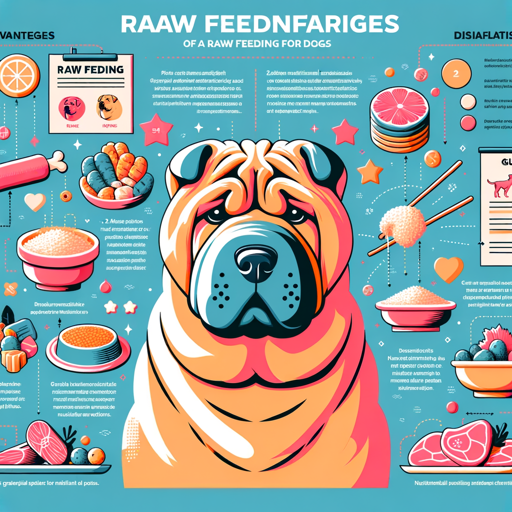 Infographic detailing the pros and cons of raw feeding for Shar Peis, highlighting the impact on their health, diet, and nutritional needs, and providing a guide on raw food diet for dogs.