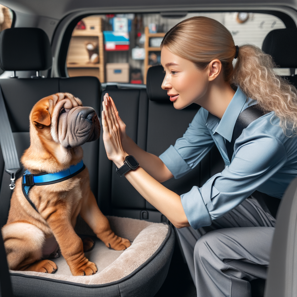 Professional dog trainer teaching Shar Pei puppy car manners and safety tips to ease car anxiety, ensuring safe and enjoyable dog car travel.