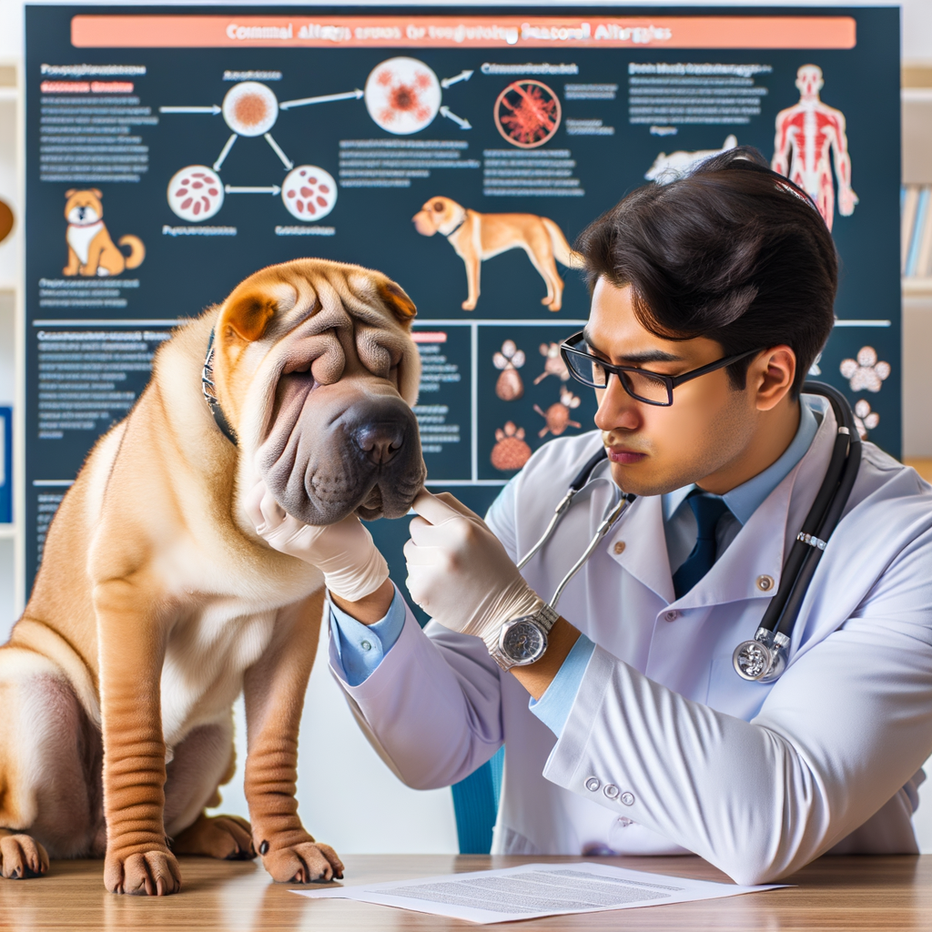 Veterinarian examining Shar Pei for signs of seasonal allergies, highlighting Shar Pei health issues and dog allergy symptoms, with a background chart on identifying and treating dog allergies, focusing on Shar Pei allergy treatment and remedies.
