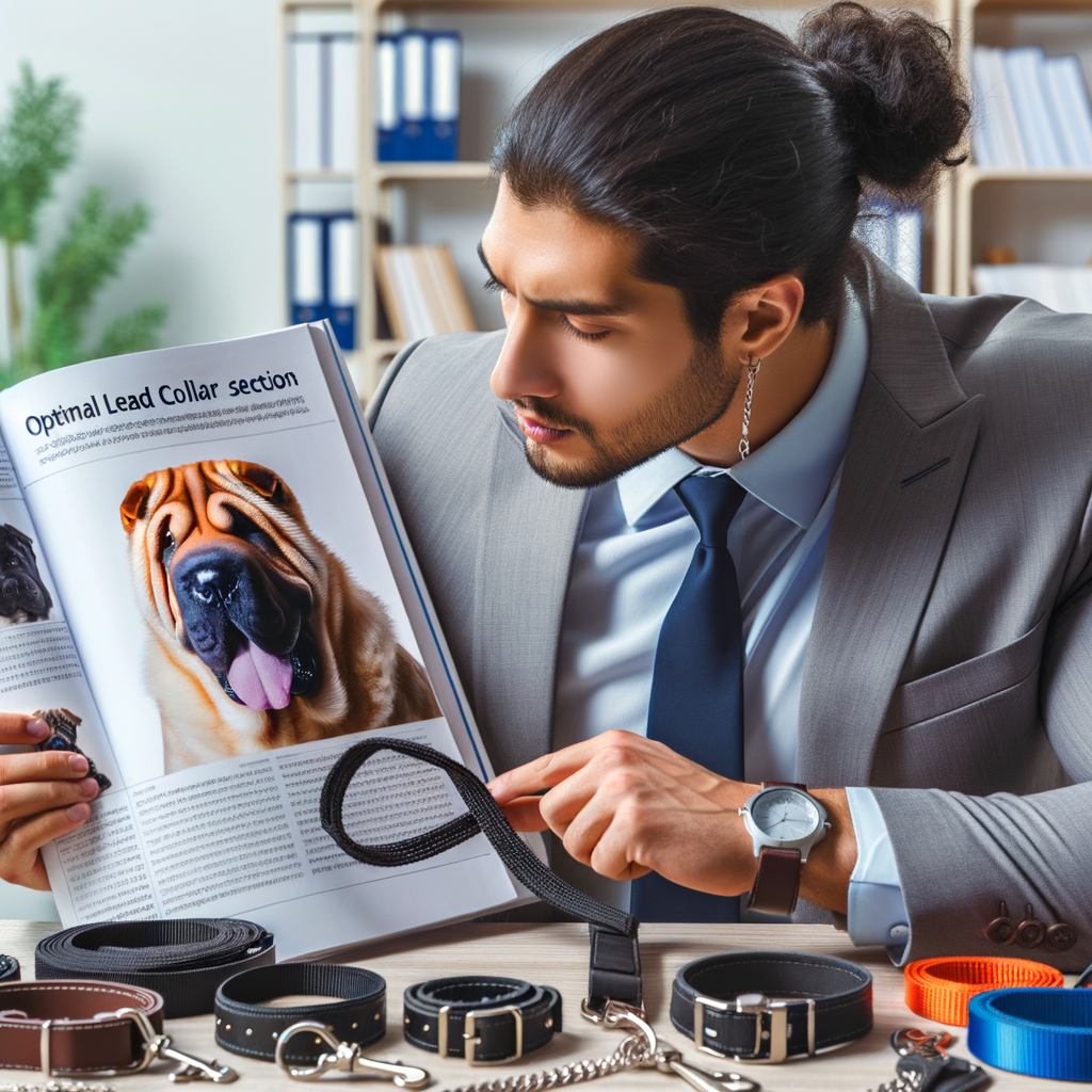 Professional Shar Pei owner demonstrating best collar and leash selection, with a guidebook on Shar Pei leash and collar selection in the background for optimal Shar Pei accessory selection.