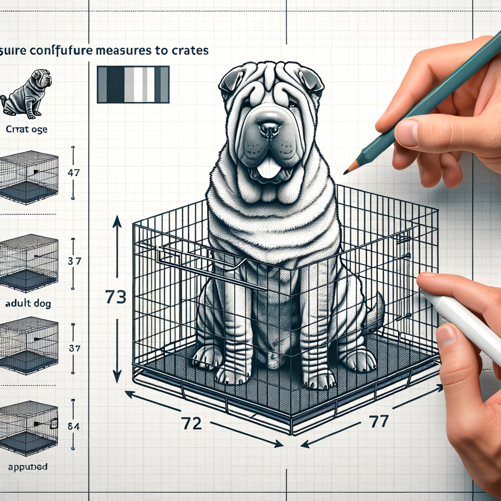 Shar Pei crate size guide demonstrating the right size crate for a Shar Pei puppy and adult, with a mature Shar Pei comfortably sitting in a correctly sized crate, providing crate training tips and showing the best crate for Shar Pei.