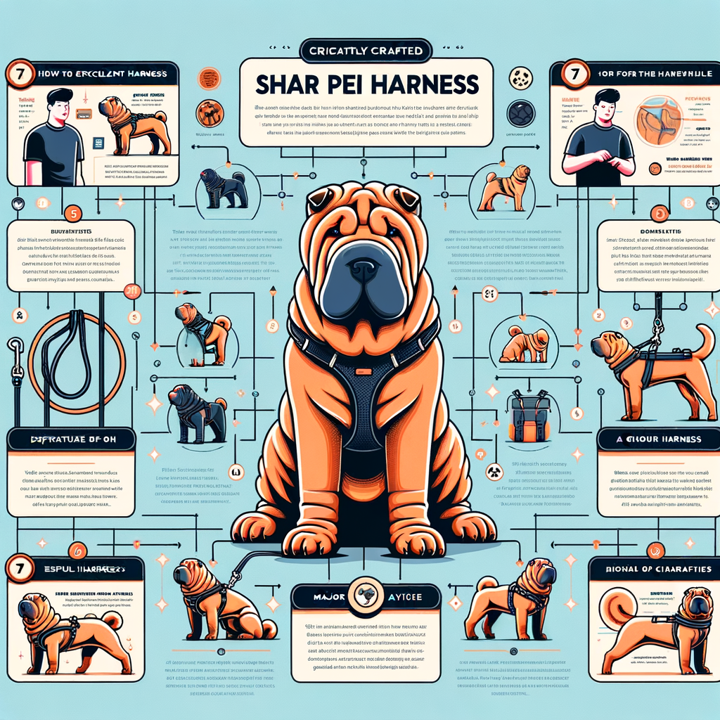 Infographic illustrating a comprehensive Shar Pei harness guide, highlighting the best harness options for Shar Pei walks, and providing practical tips and advice on harness selection for Shar Pei.