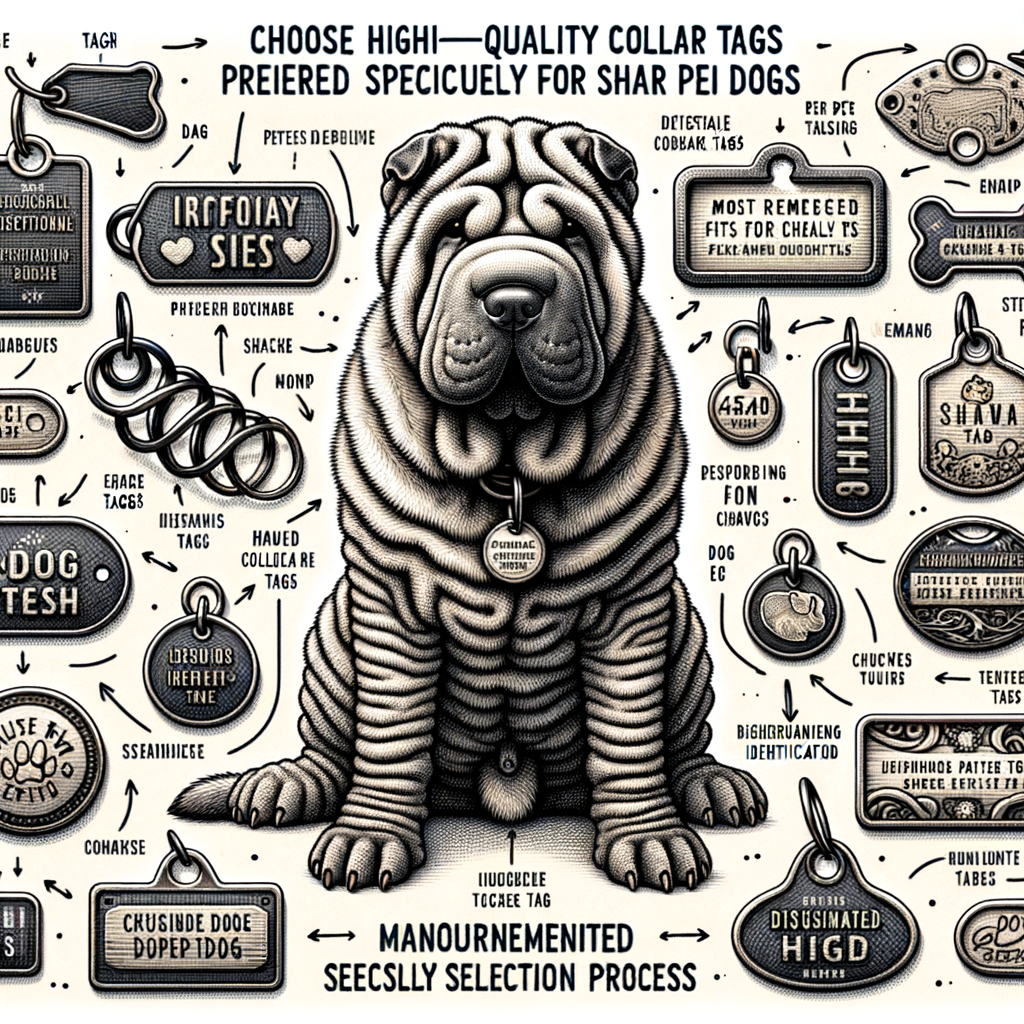 Variety of best Shar Pei collar tags for dog ID, highlighting the process of choosing dog collar tags for Shar Pei identification, including personalized dog tags and pet identification tags.
