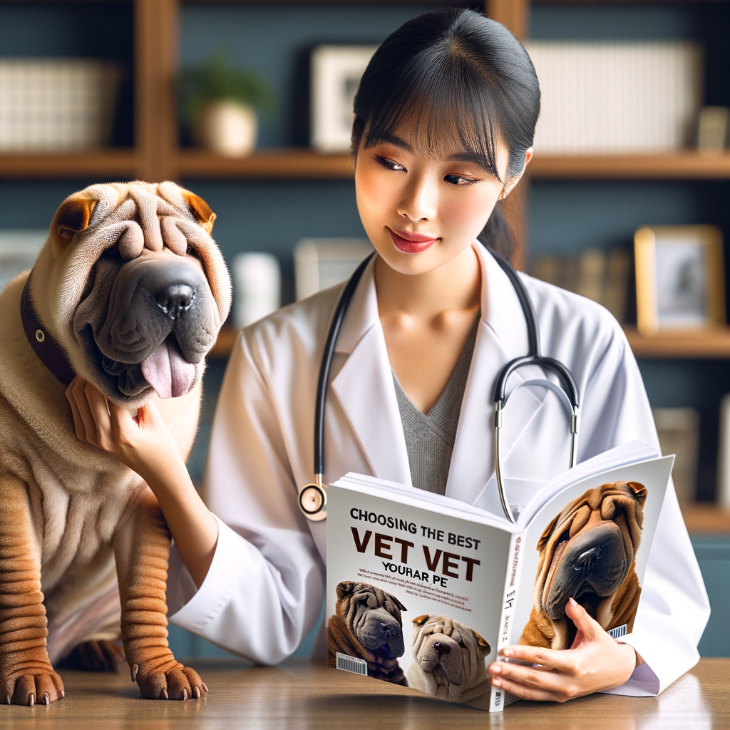 Veterinarian specializing in Shar Pei health care examining a Shar Pei in a clinic, highlighting the importance of choosing the right vet for your dog's unique needs, with a veterinarian selection guide for optimal Shar Pei care.