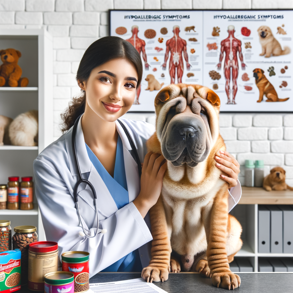 Veterinarian identifying and treating food allergies in a Shar Pei, with charts of common symptoms and hypoallergenic diet options for Shar Peis, emphasizing the role of proper diet in managing canine food allergies.