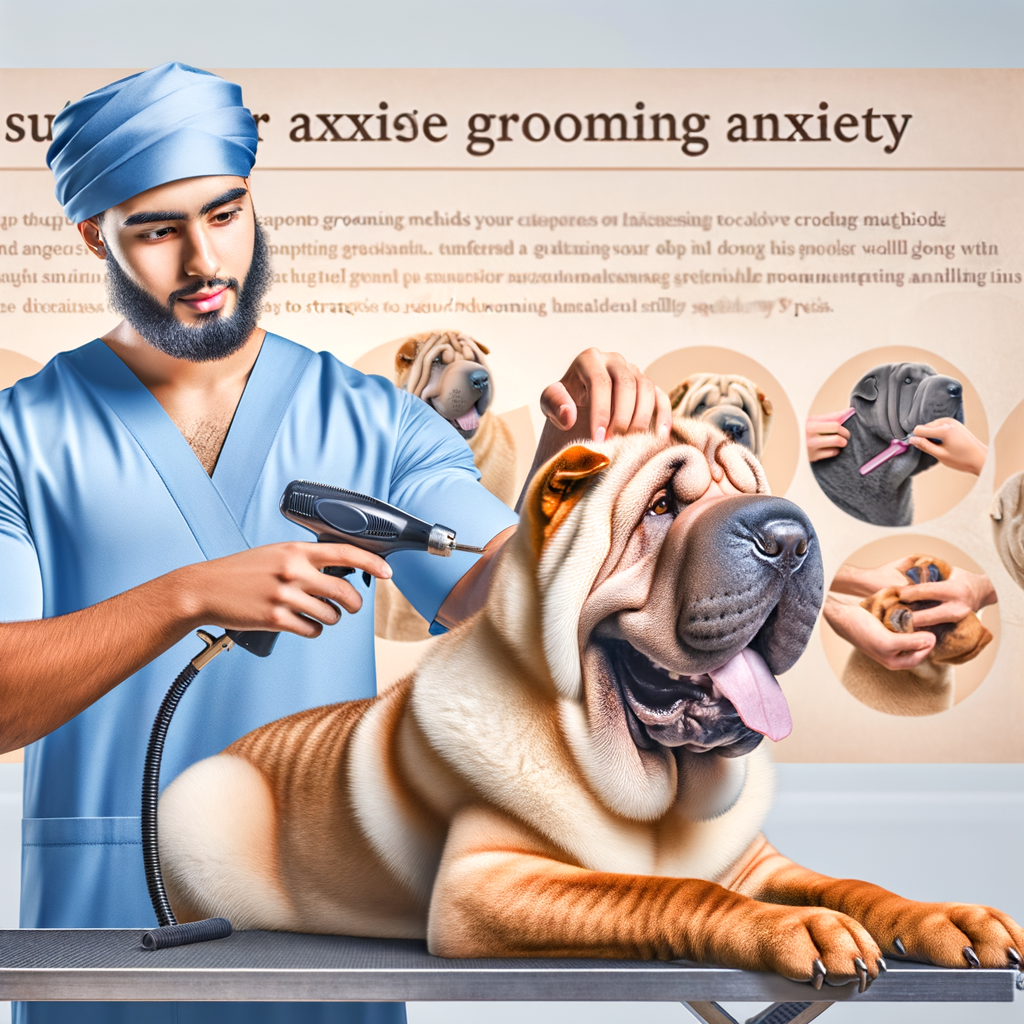 Professional dog groomer using best Shar Pei grooming techniques and anxiety management methods to reduce grooming stress in a cooperative Shar Pei, with a guide on Shar Pei care in the background.