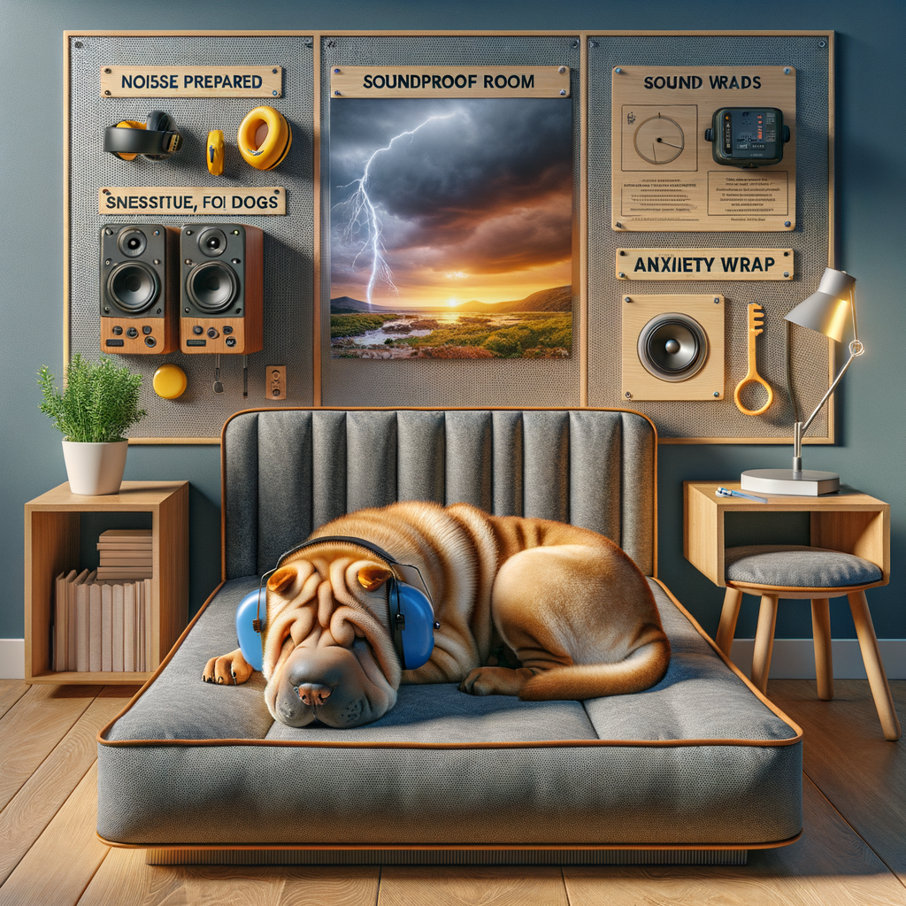 Shar Pei dog utilizing safety tips like noise-cancelling headphones, anxiety wraps, and comforting toys in a safe haven during a thunderstorm, illustrating dog anxiety solutions and protection from loud noises like fireworks.