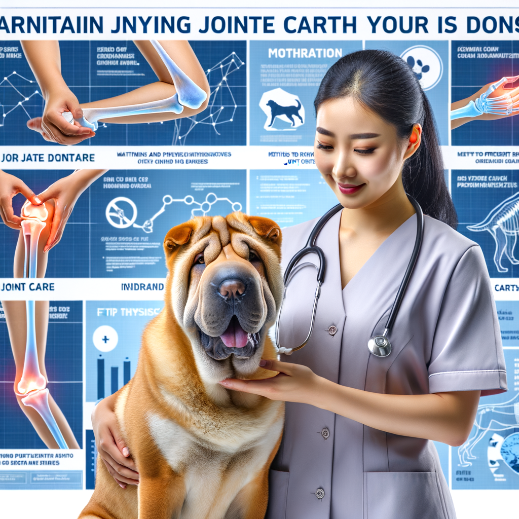 Veterinarian demonstrating joint care for active Shar Pei health, with infographics on preventing joint injuries in dogs and Shar Pei exercise tips for maintaining joint health.