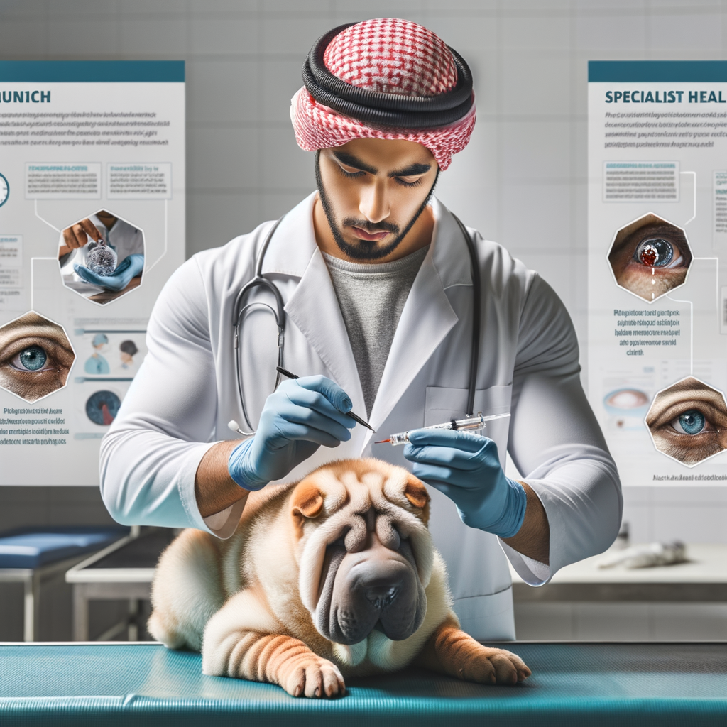 Veterinarian demonstrating Shar Pei eye care and injury prevention using eye protection tools, with sidebar of Shar Pei health tips for maintaining eye health and preventing dog eye injuries.