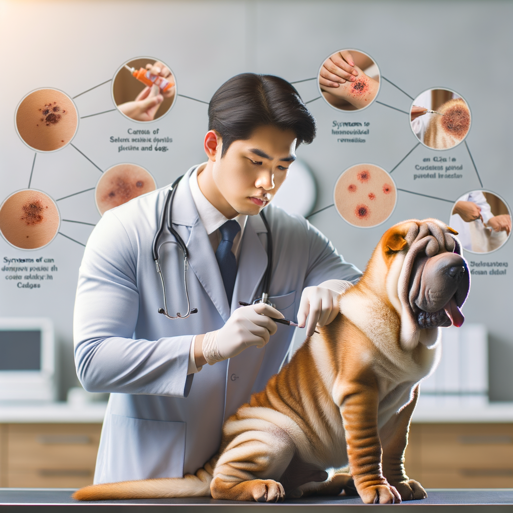 Veterinarian examining Shar Pei hot spots, identifying and treating skin conditions, showcasing canine hot spot remedies, symptoms, and prevention of dog skin infections.
