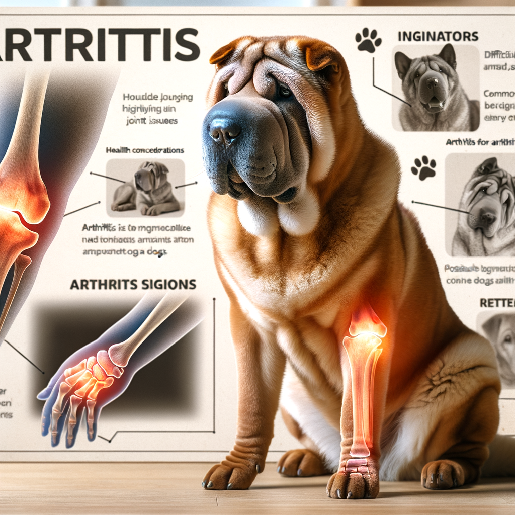 Shar Pei dog with arthritis symptoms including joint problems, visual aids highlighting signs of arthritis in dogs, and a discussion on Shar Pei health issues and arthritis treatments.