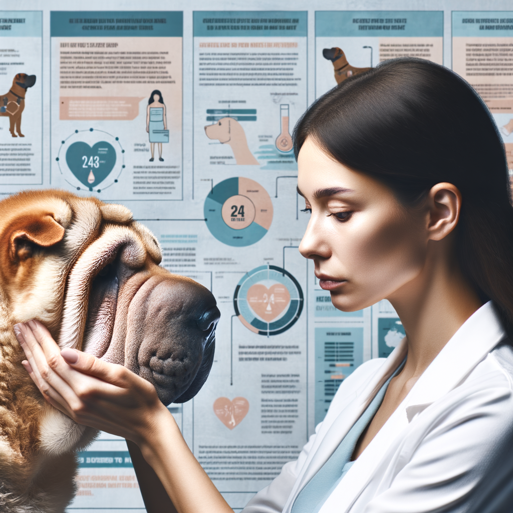 Shar Pei owner checking for dehydration symptoms like dry nose and sunken eyes, with Shar Pei health issues infographics in the background providing care tips and hydration advice.