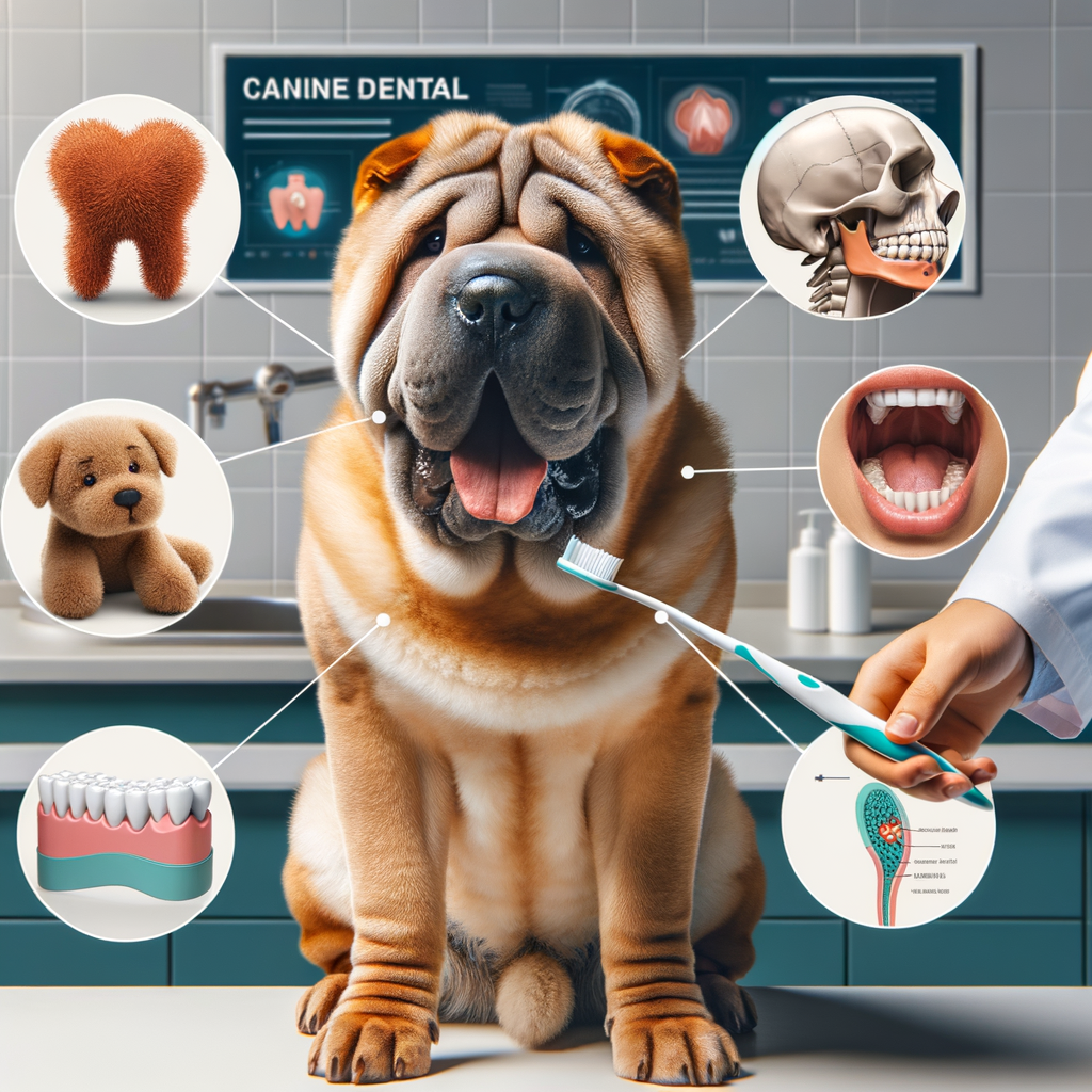 Shar Pei dog showing signs of dental disease in a vet clinic with canine dental care items, emphasizing the importance of preventing dental disease in dogs.