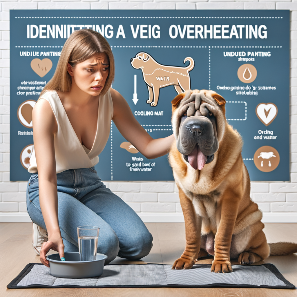 Shar Pei owner checking for overheating signs like excessive panting and preparing cooling measures, with infographics on Shar Pei heat stroke symptoms and prevention in the background.