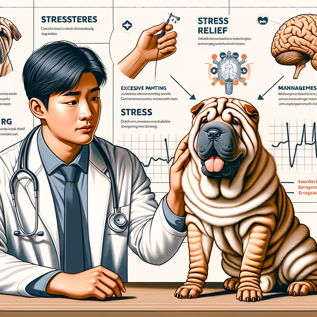 Vet demonstrating stress relief techniques on a concerned Shar Pei showing anxiety signs, with infographics on Shar Pei stress triggers and management strategies for reducing stress and coping with anxiety in the background.