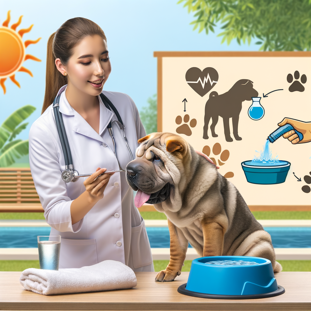 Veterinarian demonstrating Shar Pei heatstroke prevention and summer safety tips, cooling down a Shar Pei with a wet towel, pointing out heatstroke symptoms, with a dog-friendly pool and shaded area in the background for essential summer safety for dogs.