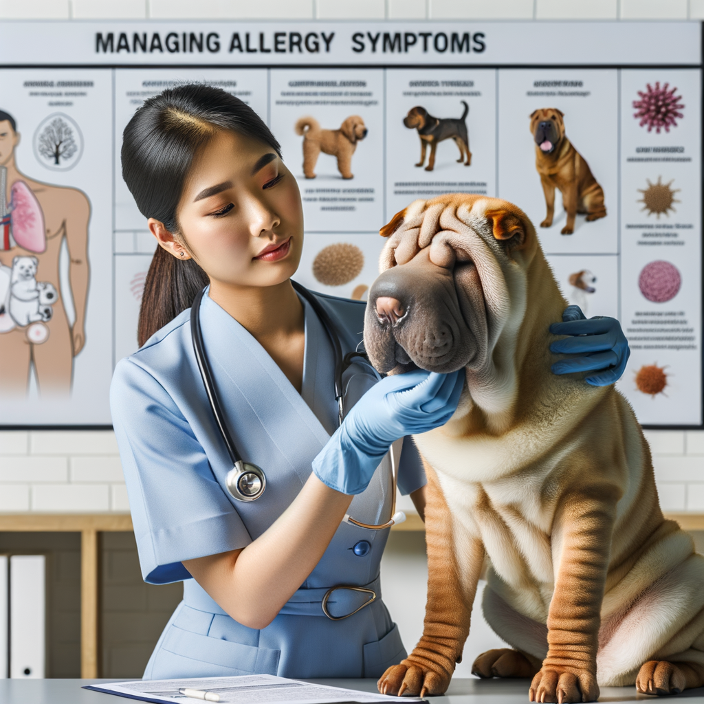 Veterinarian examining a Shar Pei for seasonal allergies, with a chart of allergy symptoms and treatments for managing dog allergies, focusing on Shar Pei health issues.