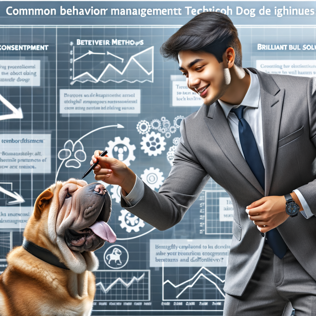 Dog trainer demonstrating Shar Pei behavior management and training tips to address common Shar Pei issues, with a background list of solutions for Shar Pei behavior problems.