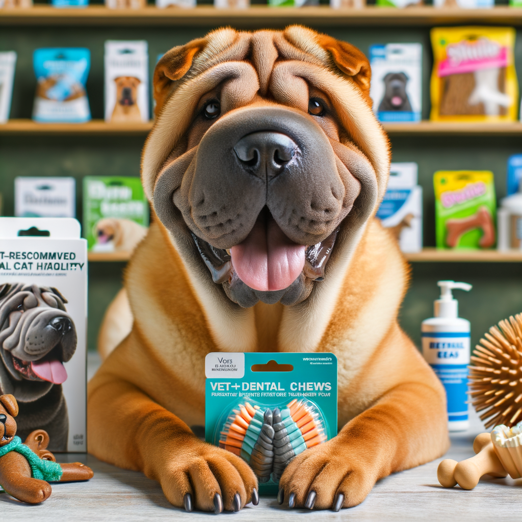 Shar Pei dog enjoying a recommended dental chew for dogs, demonstrating Shar Pei dental care and oral hygiene with a variety of best dental chews for Shar Peis in the background.