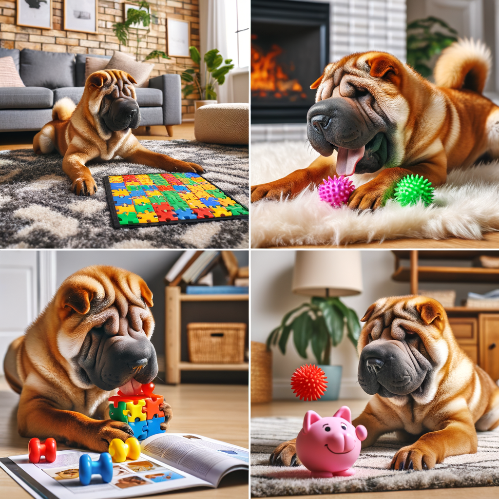 Shar Pei enjoying indoor games and exercises, showcasing the best toys and boredom busters for keeping a Shar Pei entertained indoors.