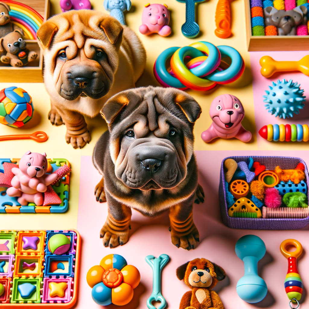 Assortment of best interactive Shar Pei puppy toys including puzzle, chew and tug toys, designed to stimulate play and provide entertainment for Shar Pei puppies.
