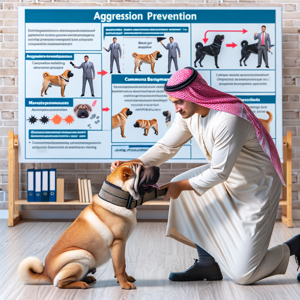 Dog trainer demonstrating Shar Pei aggression prevention and behavior management techniques during obedience training, with visual aids for controlling aggression in Shar Peis and sidebar detailing Shar Pei temperament and behavior issues.