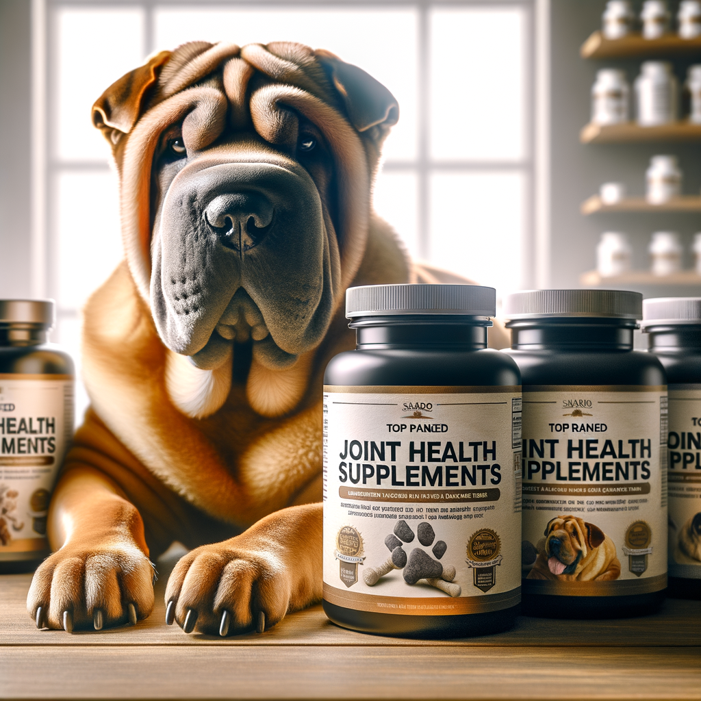 Top-rated joint health supplements for Shar Peis displayed on a table, highlighting ingredients beneficial for canine joint health, with an aging Shar Pei in the background.