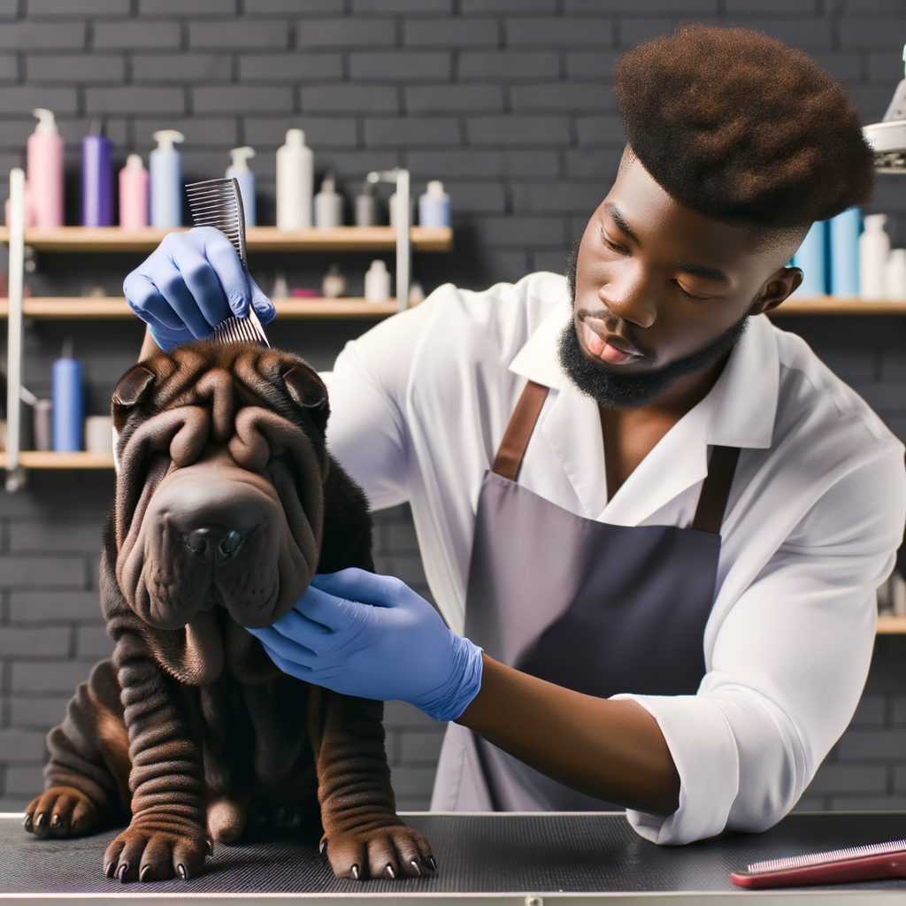 Professional dog groomer demonstrating best methods for dog grooming and desensitizing techniques on a calm Shar Pei, providing valuable Shar Pei grooming tips and methods to reduce grooming stress in a well-equipped salon.
