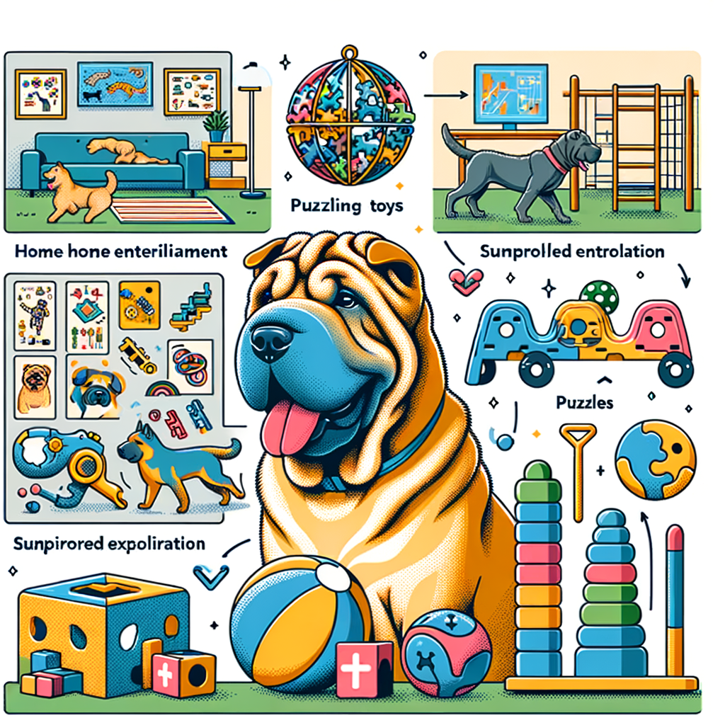 Shar Pei dog enjoying various entertainment ideas at home, including toys, puzzles, and exercise equipment, showcasing effective solutions for keeping a Shar Pei busy and mentally stimulated while the owner is at work.